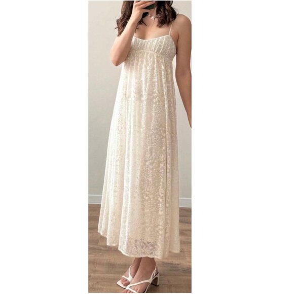 Zara Maxi Dress Lace Embroidery Cottagecore Croquette Prairie Ivory Medium - Picture 2 of 13